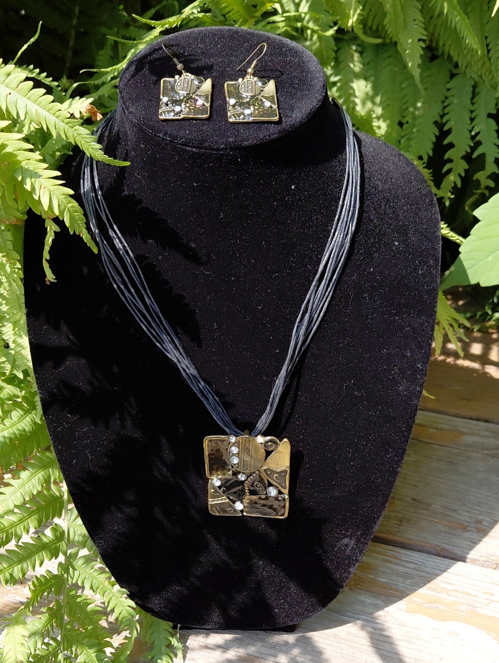Handcrafted Gold-Tone Square Pendant Necklace & Earring Set - Black Cord
